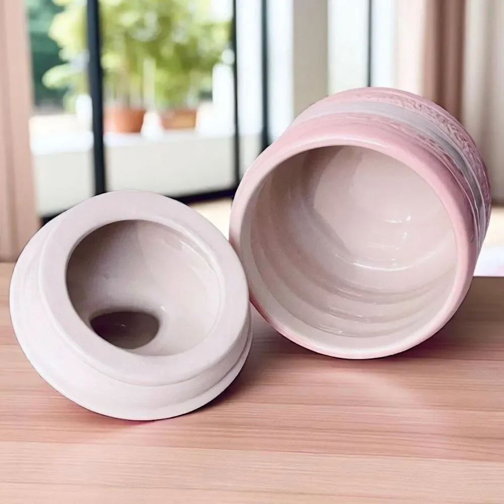 NWT LUNA & SAGE Gorgeous Macaron Pink White Glossy Ceramic 7”Canister Jar w Lid